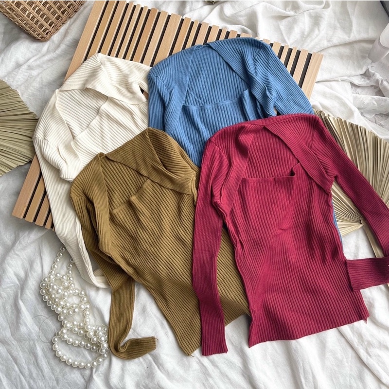 [FREESHIP] Áo len dệt kim cổ vuông tay dài QC 4 màu trắng/đỏ/nâu/xanh NÀNG CLOSET
