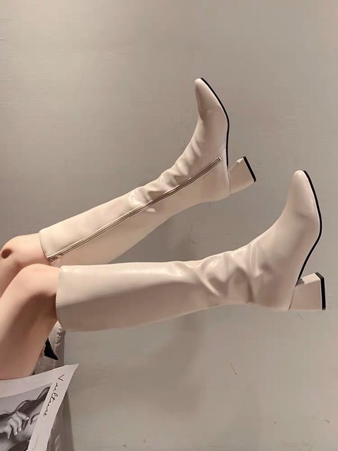 Bốt nữ cổ cao dưới gối da trơn ôm bắp chân gót vuông cao 6cm