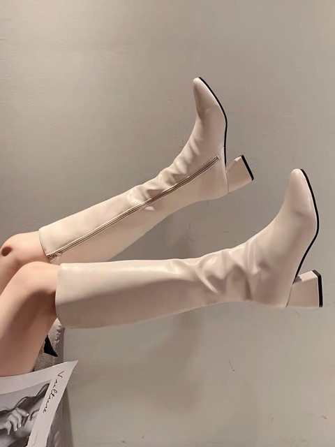 [Sẵn 37] Boots lửng cổ cao dưới gối ôm bắp chân gót vuông cao 6cm / boots đùi nữ da trơn gót vuông