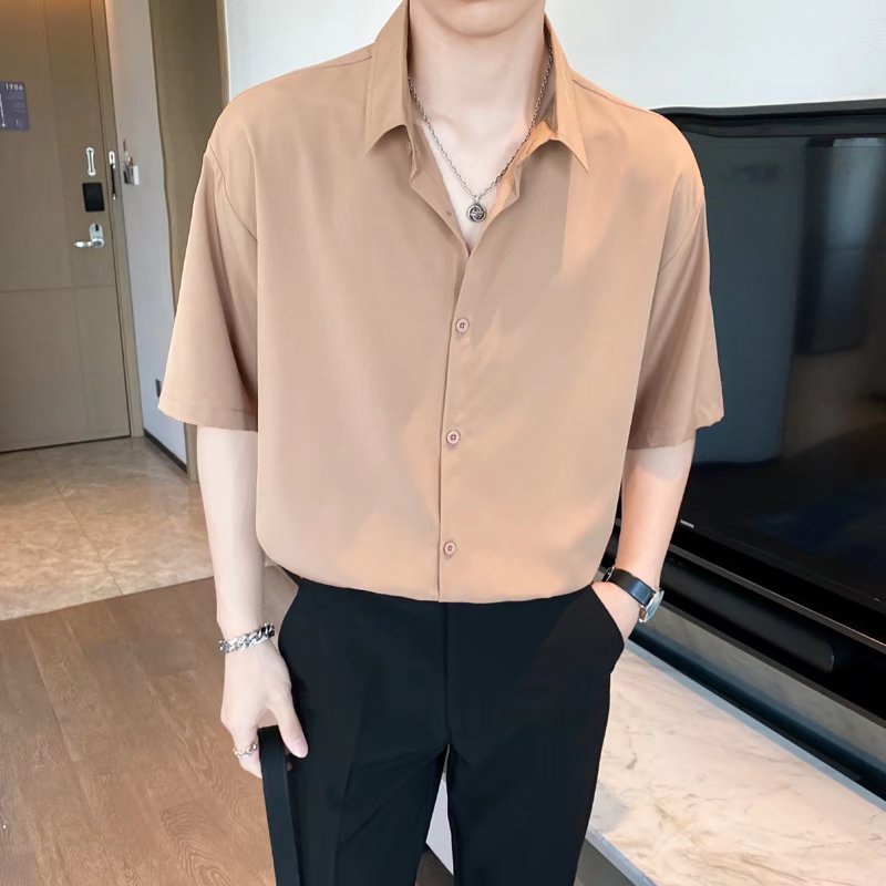 Áo Sơ Mi Tay Ngắn Dáng Rộng Màu Trơn Phong Cách Hàn Quốc Thời Trang Mùa Hè Cho Nam Giới Có 4 Màu Size M-2XL