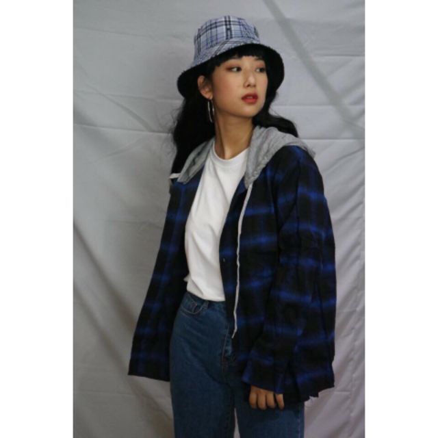 ÁO KHOÁC SƠMI CAO CẤP SỌC CARO PHỐI NÓN XÁM UNISEX NAM NỮ