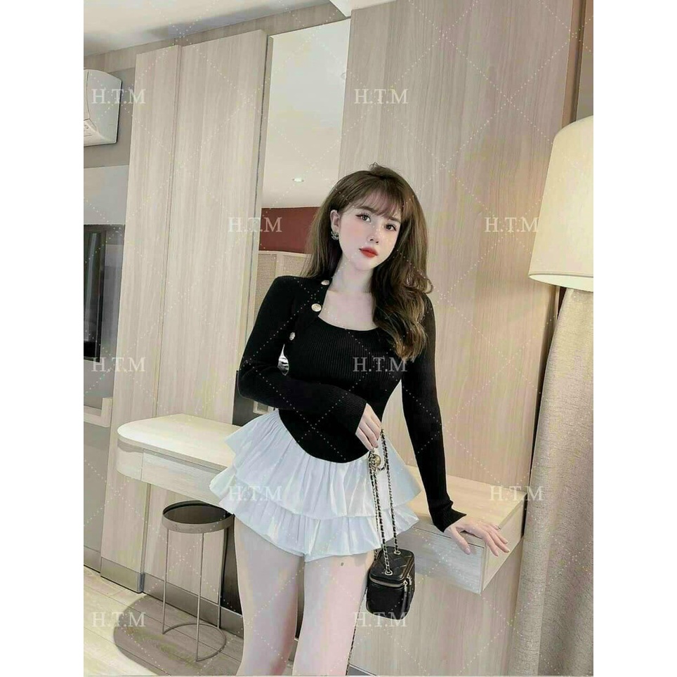 Áo len tăm dài tay đính cúc vai sang chảnh, Chất len co giãn, dáng ôm body, áo len cổ vuông | BigBuy360 - bigbuy360.vn