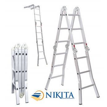 THANG NHÔM GẤP 4 KHÚC NIKITA - NIK84A và NIK84 - Max 9.5 m - Chữ A  4.7m - Gấp gọn 2.5m - Tải 150 kg