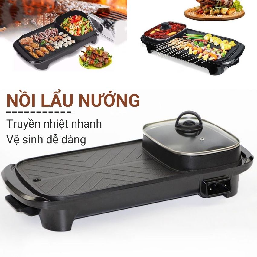 Bếp lẩu nướng đa năng tiết kiệm điện công suất 120W, nồi lẩu nướng điện 2 ngăn phủ men chống dính cao cấp Angola