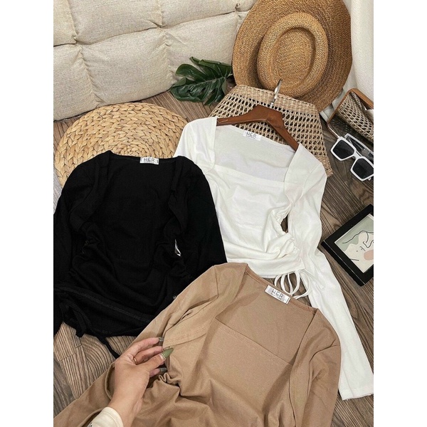 Áo thun borip cổ vuông dây chéo rút dây 2 bên, Áo kiểu dài tay dáng ôm 💕💕💕g8777
