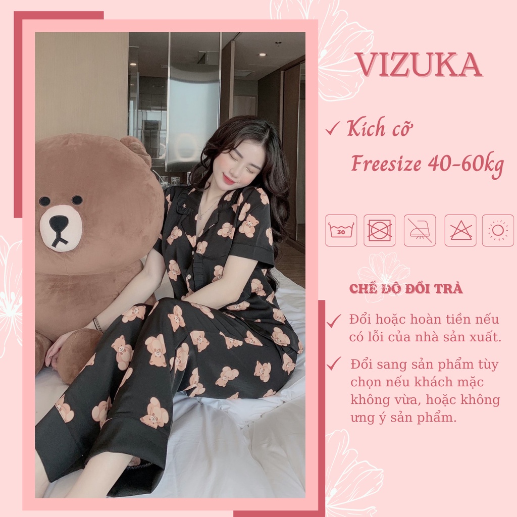 Đồ bộ nữ pijama tay ngắn lụa thiết kế mặc nhà họa tiết cute VIZUKA