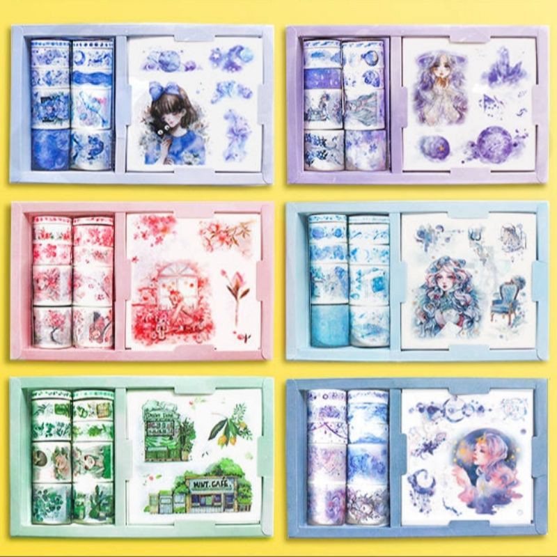 Set 10 cuộn băng dính washi tape + 10 tấm sticker trang trí