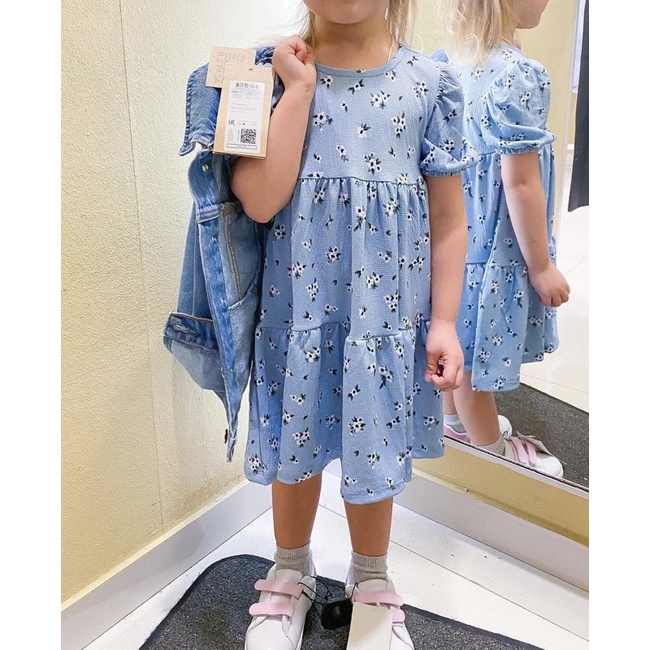 Váy Hè Bé Gái Tay Bồng Hoa Nhí Xanh