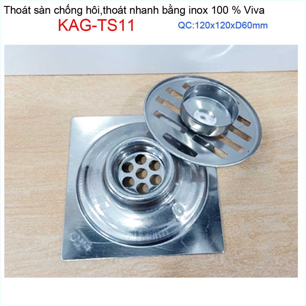 Hố ga thoát sàn Viva ống 6cm Inox mờ, phễu thoát nước chống hôi D60 vuông 12x12cm KAG-TS11