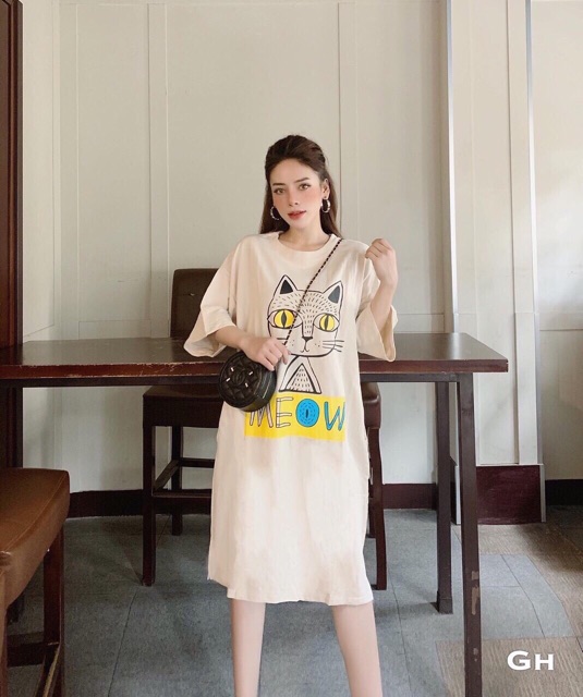 Đầm suông-Váy suông chất cotton in hình MÈO kute size 40-75kg (không túi) | BigBuy360 - bigbuy360.vn