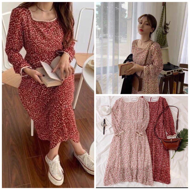 Váy hoa nhí ulzzang cổ viền ren dài tay có dây buộc eo tôn dáng