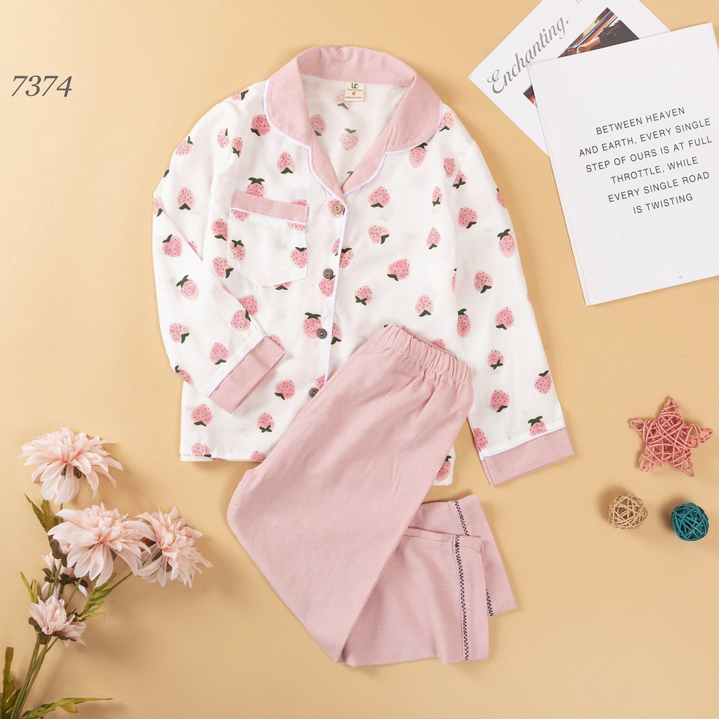 Bộ Pijama dài tay chất đũi mềm size to hình dâu tây cho bé gái đáng yêu RIo hàng có sẵn kèm video