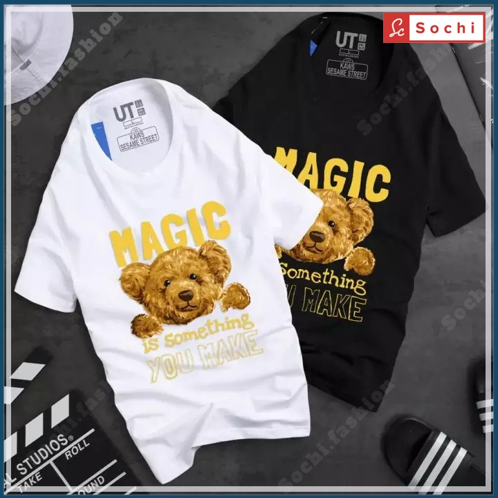 Áo thun nam tay ngắn cổ tròn, áo thun đen nam chất phông cotton CZ195 in hình Gấu