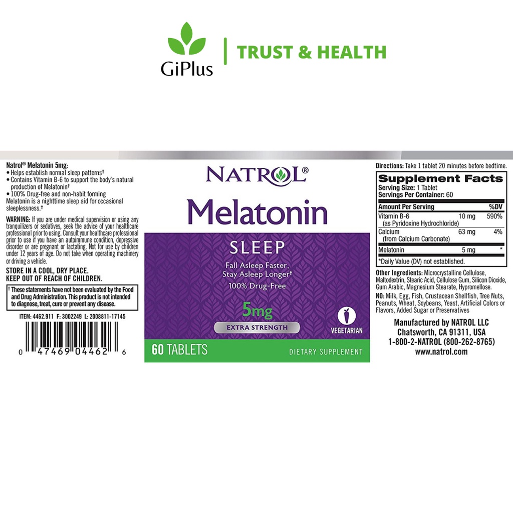 Viên Uống Hỗ Trợ Giấc Ngủ Ngon Natrol Melatonin Sleep Hàm Lượng 5mg (60 viên/Lọ)