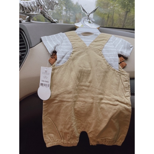 Set yếm gấu màu be kèm áo sơ mi sọc 0-24M cho bé