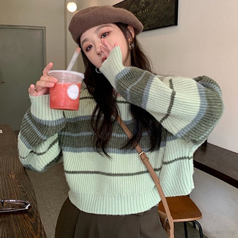Áo Sweater Dệt Kim Cổ Tròn Dáng Rộng Thiết Kế Ngọt Ngào Cho Nữ
