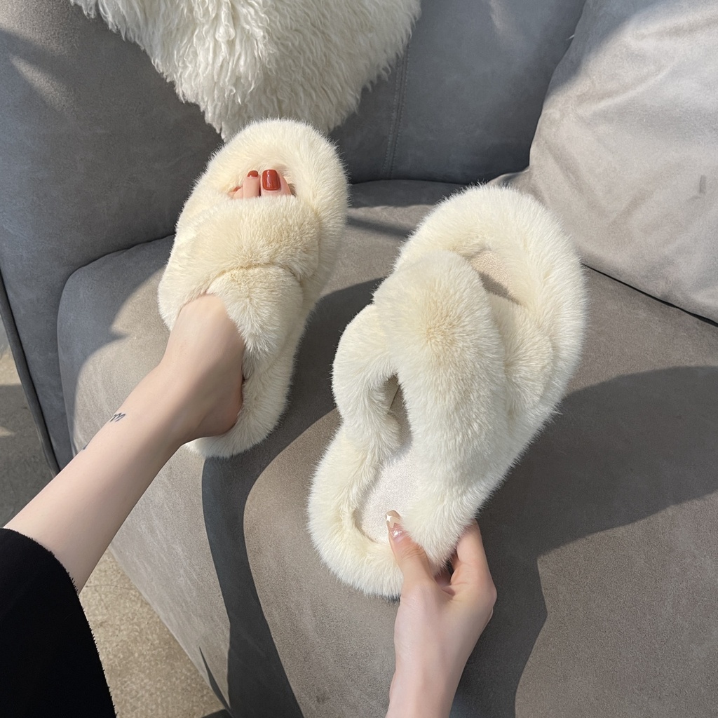 Dép lông quai ngang Cotton Lông Thỏ Quai Chéo Phong Cách Hàn Quốc Thời Trang Thu Đông Hàng Mới 2022 Dành Cho Bạn Nữ Mang Ngoài Trời