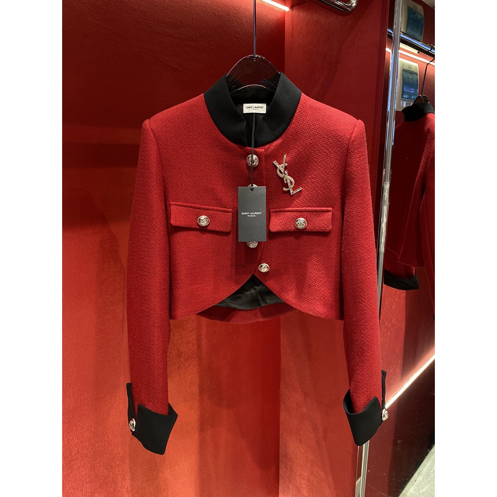 Áo khoác nữ thời trang cao cấp Saint Laurent Paris YSL thiết kế tà áo độc đáo, phối màu cổ điển, phong cách retro