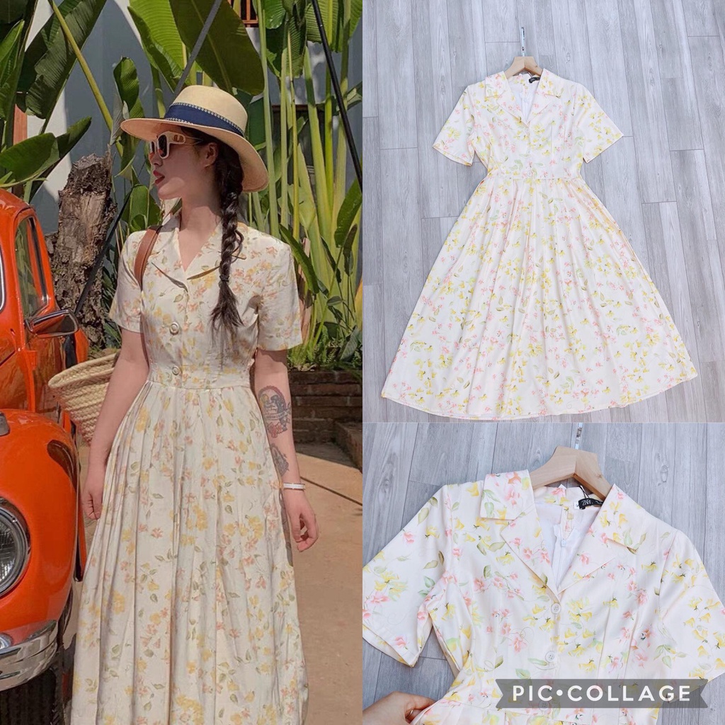 VÁY HOA BE CỔ VEST XẾP LI VINTAGE CHO NỮ
