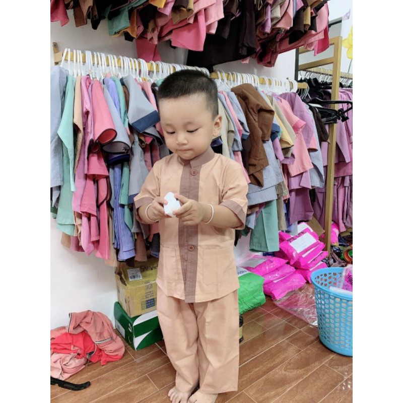 BỘ ĐỒ LAM ĐI CHÙA TRẺ EM VẢI KATÊ, TRANG PHỤC PHẬT TỬ