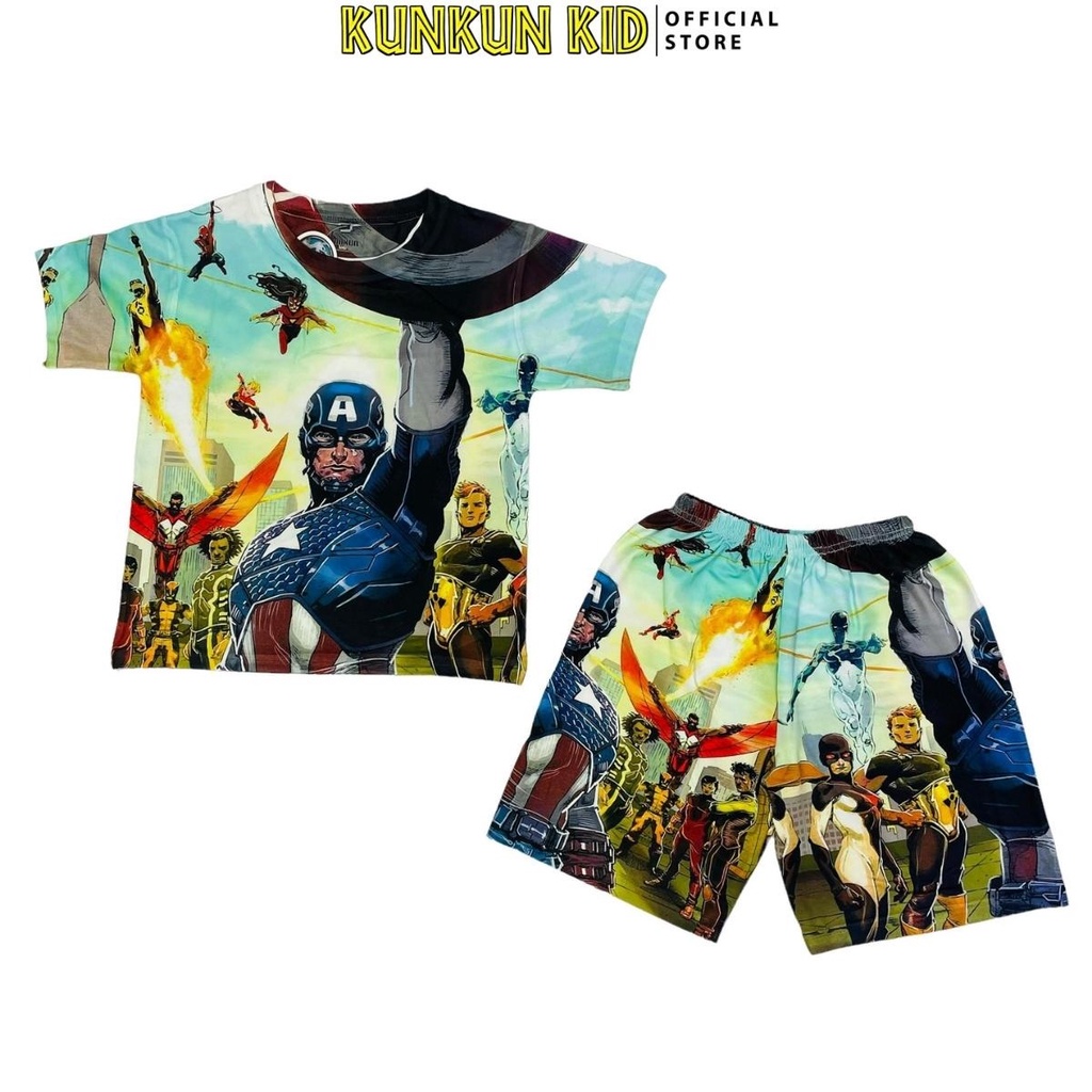 Quần áo trẻ em ngắn tay thun lạnh thoáng mát in 3d hình captain america Kunkun Kid TP644