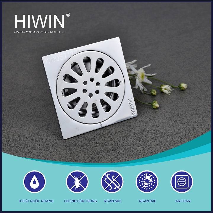 Phễu ga thoát sàn ngăn mùi hôi inox 304 mặt gương bóng kích thước 100x100mm HIWIN FD-2250