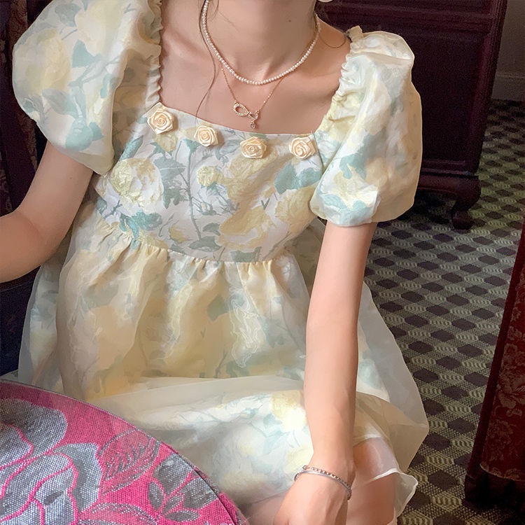 Đầm Công Chúa Tay Phồng Cổ Vuông In Họa Tiết Hoa Kiểu Pháp Xinh Xắn Cho Nữ