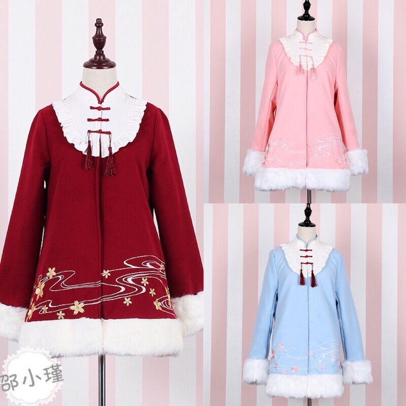 Áo khoác dạ lót lông cừu cổ tàu thêu hoa anh đào Lolita Style