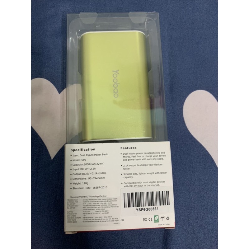 Sạc dự phòng Yoobao 6000 MAH hàng chính hãng