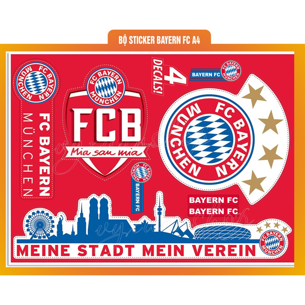 (Nhiều mẫu) Sticker decan câu lạc bộ bóng đá, đá banh BAYERN FC nhiều logo kích thước a4