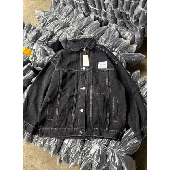 [Ảnh thật/Video]Áo khoác bò đen viền chỉ thiết kế tag da loại 1 Áo bò khoác ngoài hàng Quảng Châu