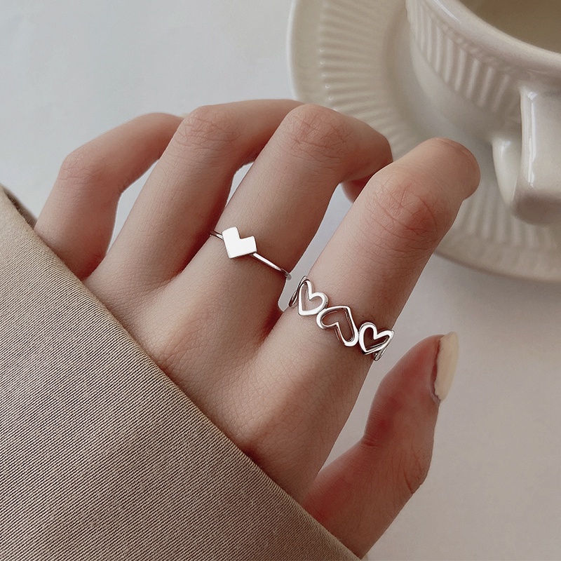 2 Nhẫn có thể điều chỉnh bằng bạc họa tiết trái tim khoét rỗng thời trang dự tiệc dùng làm quà cho nữ
