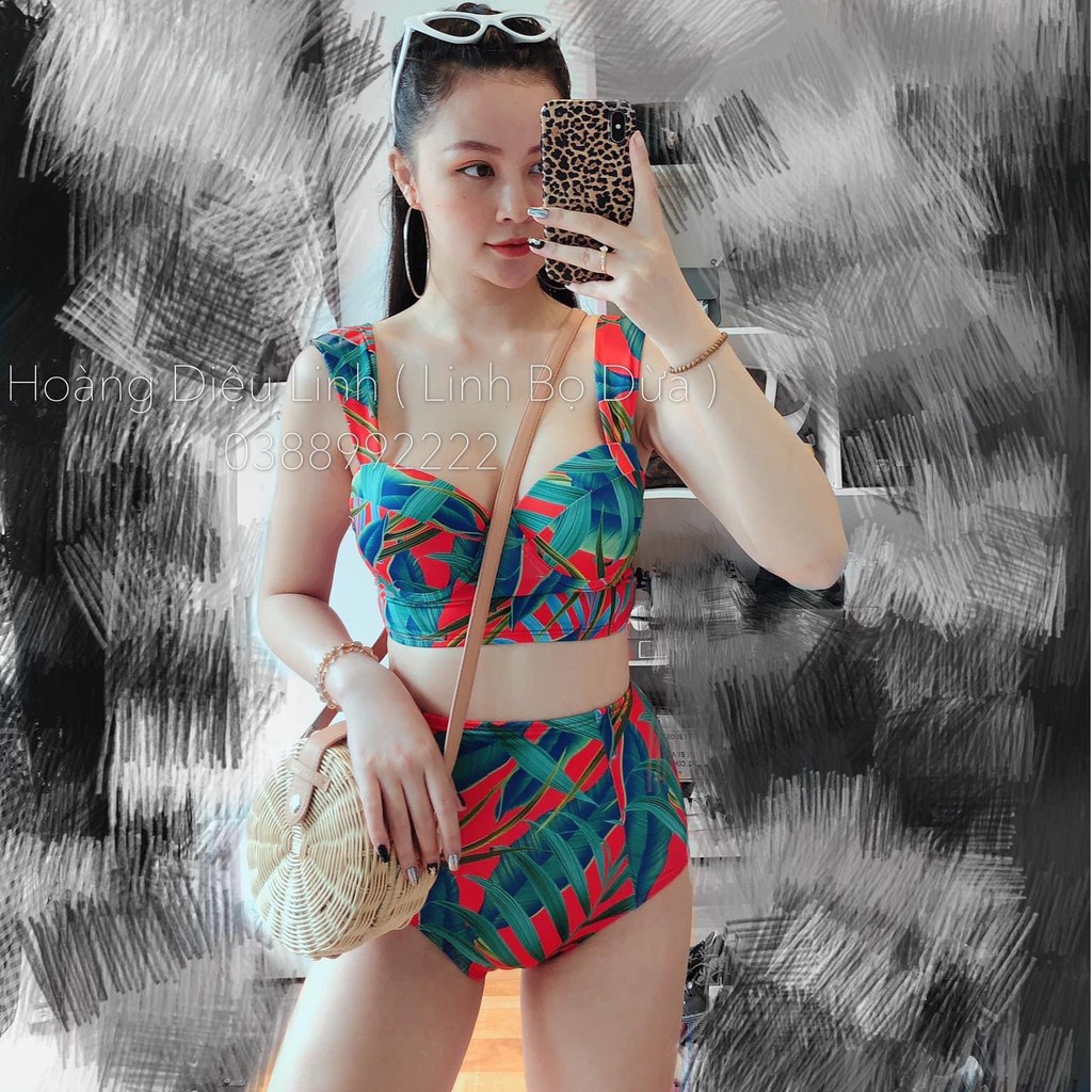 Bikini Đồ Bơi Nữ 2 Mảnh Quần Cạp Cao Aó Bra Hoa Lá Nhiều Màu BHV090