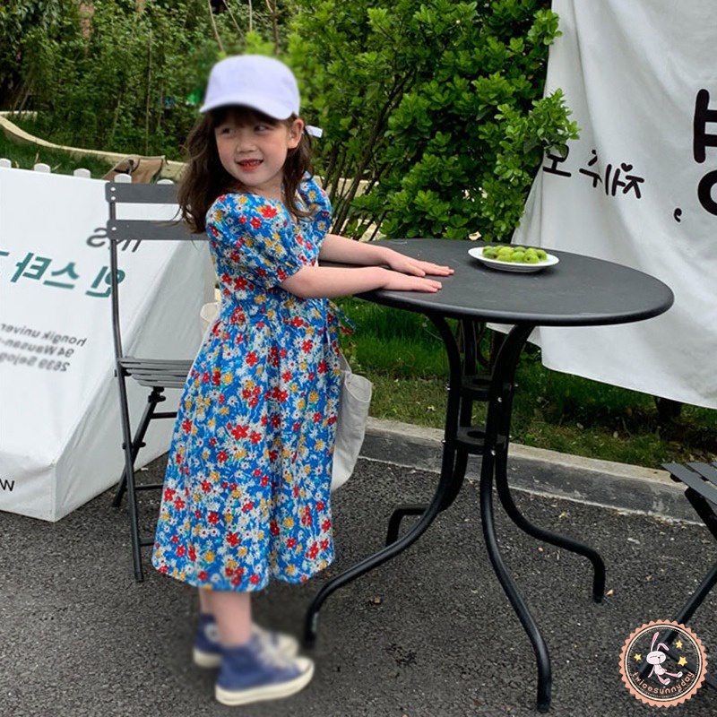 Đầm Công Chúa Tay Ngắn Phồng Cổ Chữ V In Họa Tiết Hoa Phong Cách Hàn Quốc Dành Cho Bé Gái