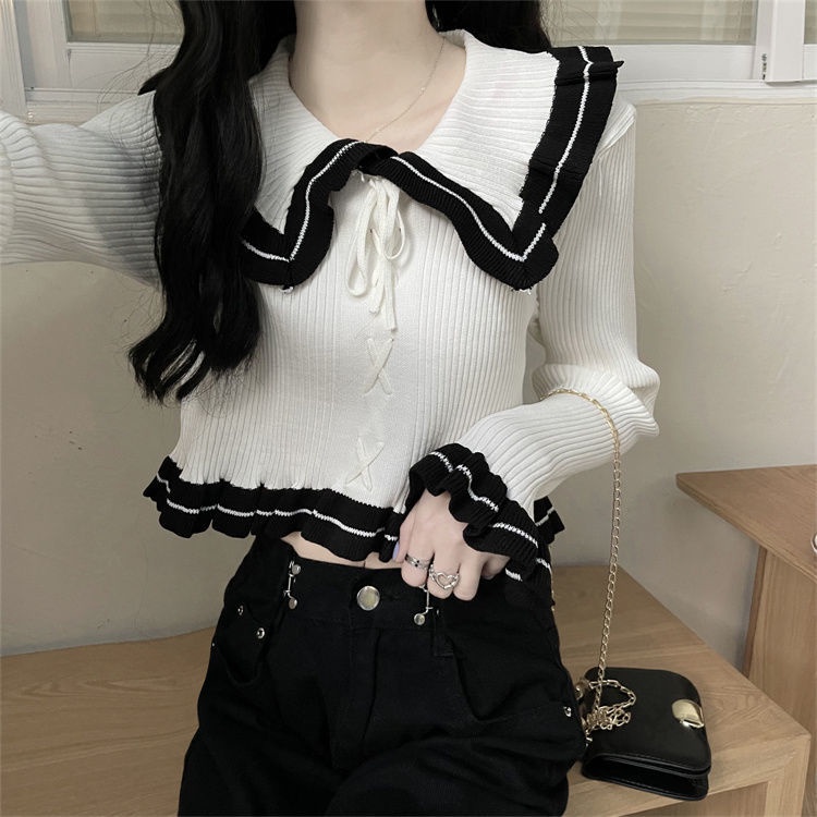Áo sweater Dệt Kim Mỏng Tay Dài Cổ Búp Bê Xinh Xắn Cho Nữ edge