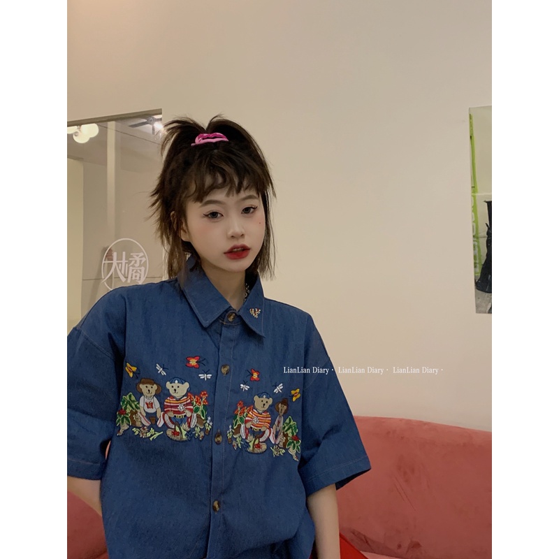 Áo Khoác Denim Tay Ngắn Thêu Hình Gấu Phong Cách Nhật Bản Thời Trang Mùa Xuân Cho Nữ