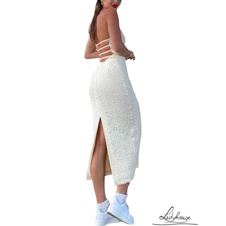 Đầm Dài Dáng Ôm Hở Lưng Màu Trơn Có Dây Cột Dành Cho Nữ Dự Tiệc Cocktail