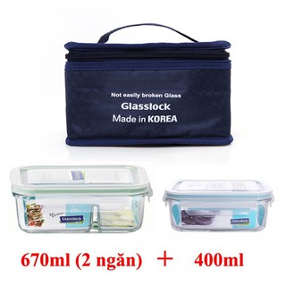 Bộ túi giữ nhiệt và hộp thủy tinh chia ngăn 670ml +400ml glasslock