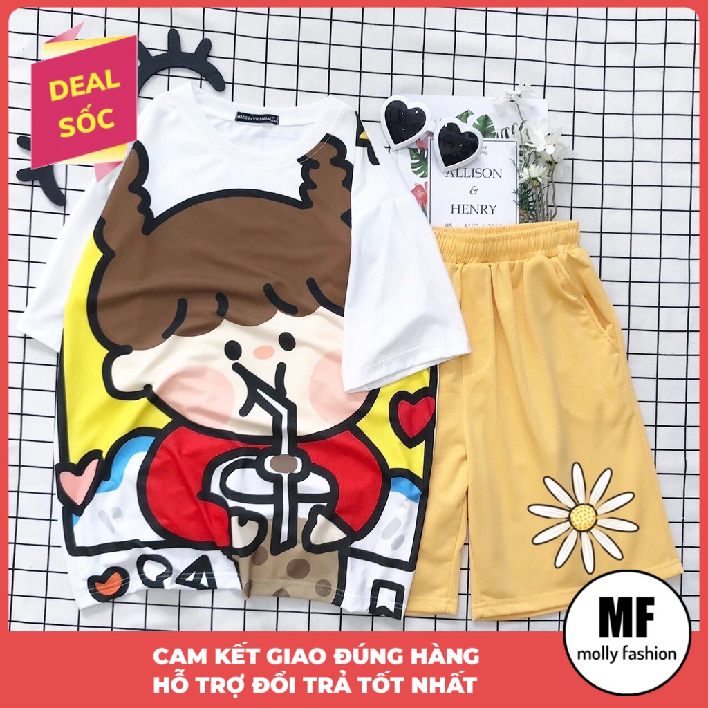 Set bộ quần áo nữ Unisex Cô bé trà sữa, set đồ Unisex form rộng Molly Fashion