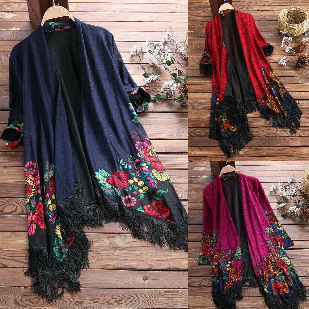 Áo Khoác Kimono Tay Dài Hoạ Tiết Hoa Thiết Kế Mới Cho Phái Nữ