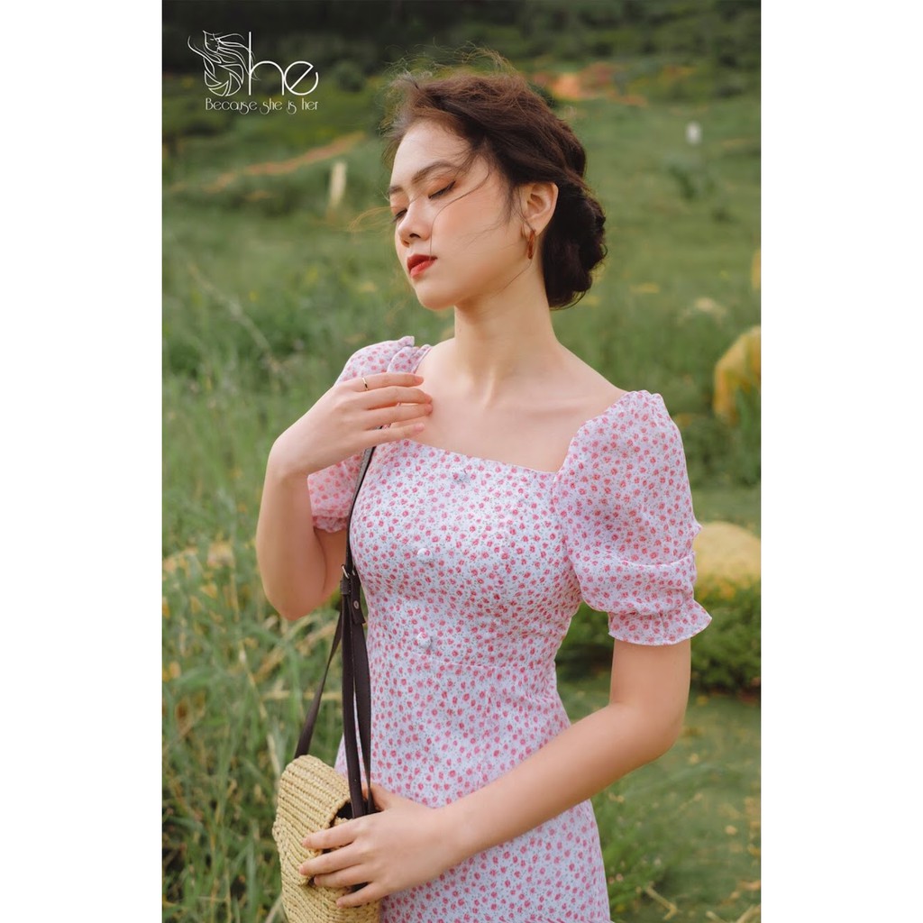 Váy cổ vuông 3 nút She, đầm nữ tay bồng dáng ôm đi chơi,công sở SD488 | BigBuy360 - bigbuy360.vn
