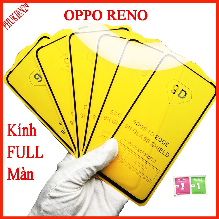 Kính cường lực Oppo Reno  full màn hình, Ảnh thực shop tự chụp, tặng kèm bộ giấy lau kính  taiyoshop2