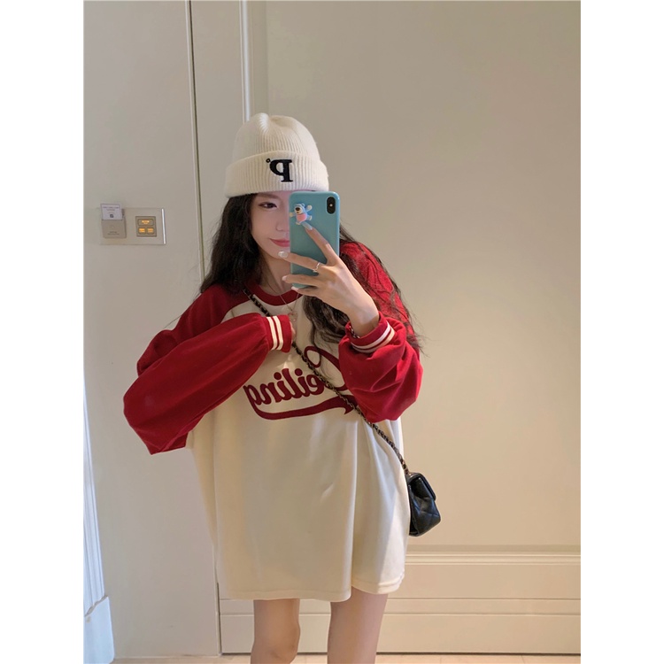 Áo Sweater Cổ Tròn Tay Dài Dáng Rộng In Chữ Kiểu Retro Mỹ Thời Trang Cho Bạn Gái