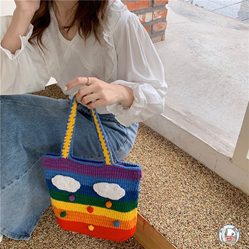 Túi Đeo Chéo Đan Len Hình Cầu Vồng Phong Cách Hàn Quốc Thời Trang