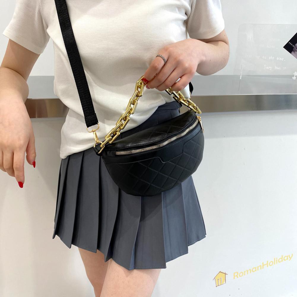 【On Sale】Vintage Women Pure Color PU Waist Chest Crossbody Bag Thick Chain Handbag