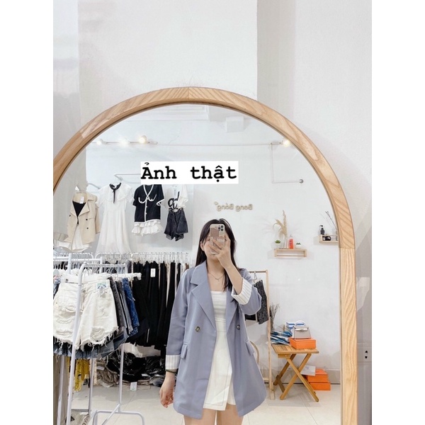 Áo khoác blazer dáng dài túi nắp, 2 khuy/vest nữ tay xắn gấu kẻ sọc ulzzang