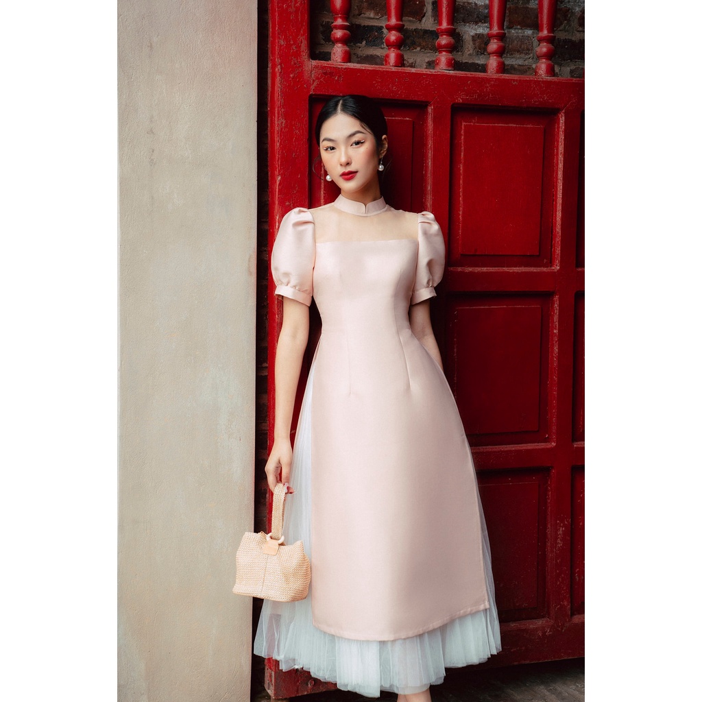 Áo dài cổ tàu cúp phối lưới tay ngắn bồng bo viền TIINSTORE ACT132