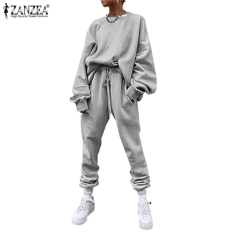 Set đồ nữ Zanzea gồm áo tay dài cổ tròn và quần dài lưng co giãn màu trơn phong cách đường phố thể thao