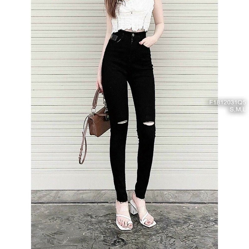Quần jeans mác da đen rách đùi siêu co giãn ôm chân tôn dáng