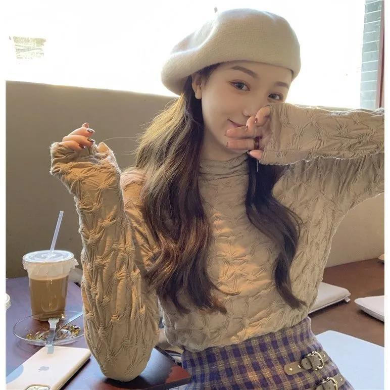 Áo thun tay dài cổ cao phối ren thiết kế xếp ly thời trang nữ sành điệu